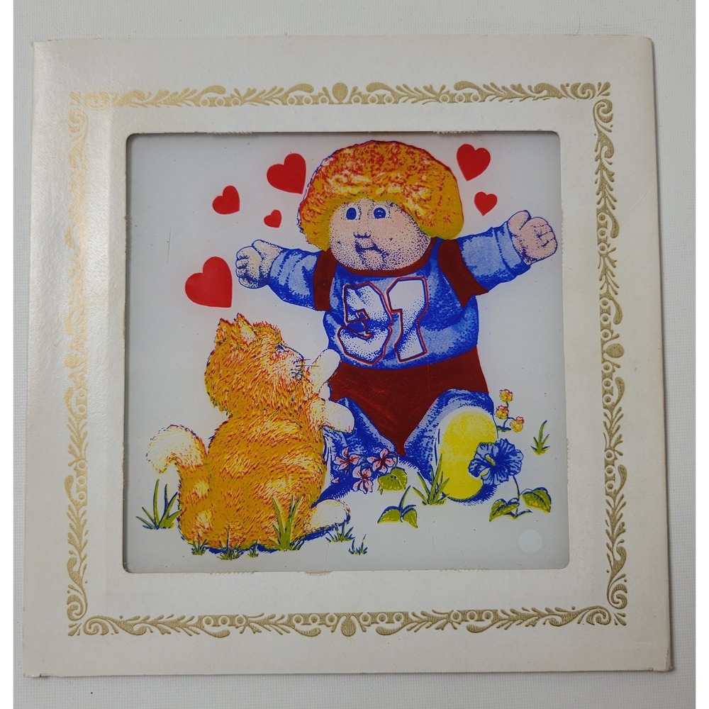 Vintage Cabbage Patch Kids Framed Glass Art Doll and Cat Hearts 80s Decor